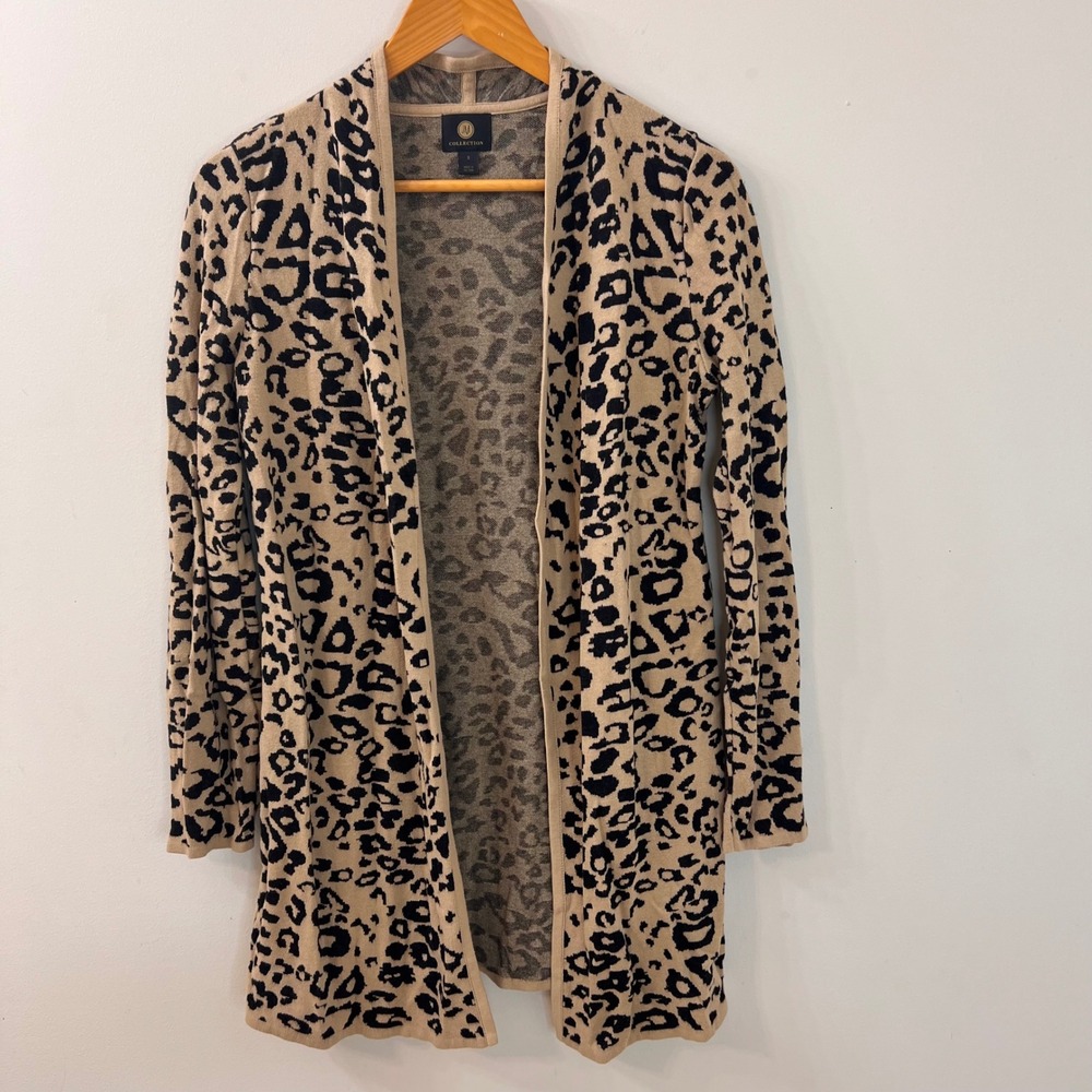 JM Collection Leopard Print Open Front Cardigan Sweater Tan Black Small Longline